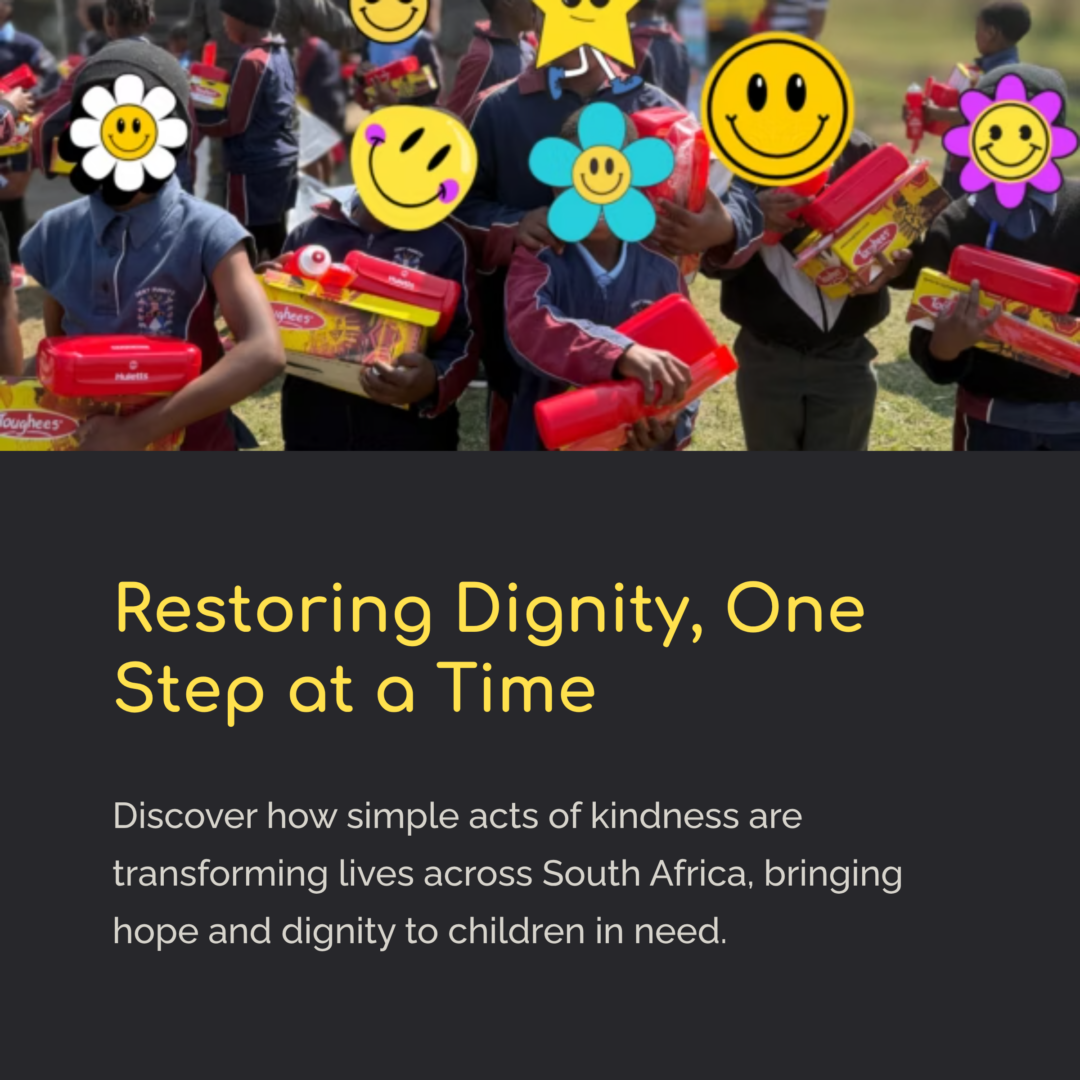 Group of South African schoolchildren holding donated lunch boxes and food packs, symbolizing restored dignity and community kindness through SA Harvest’s food rescue initiative.
