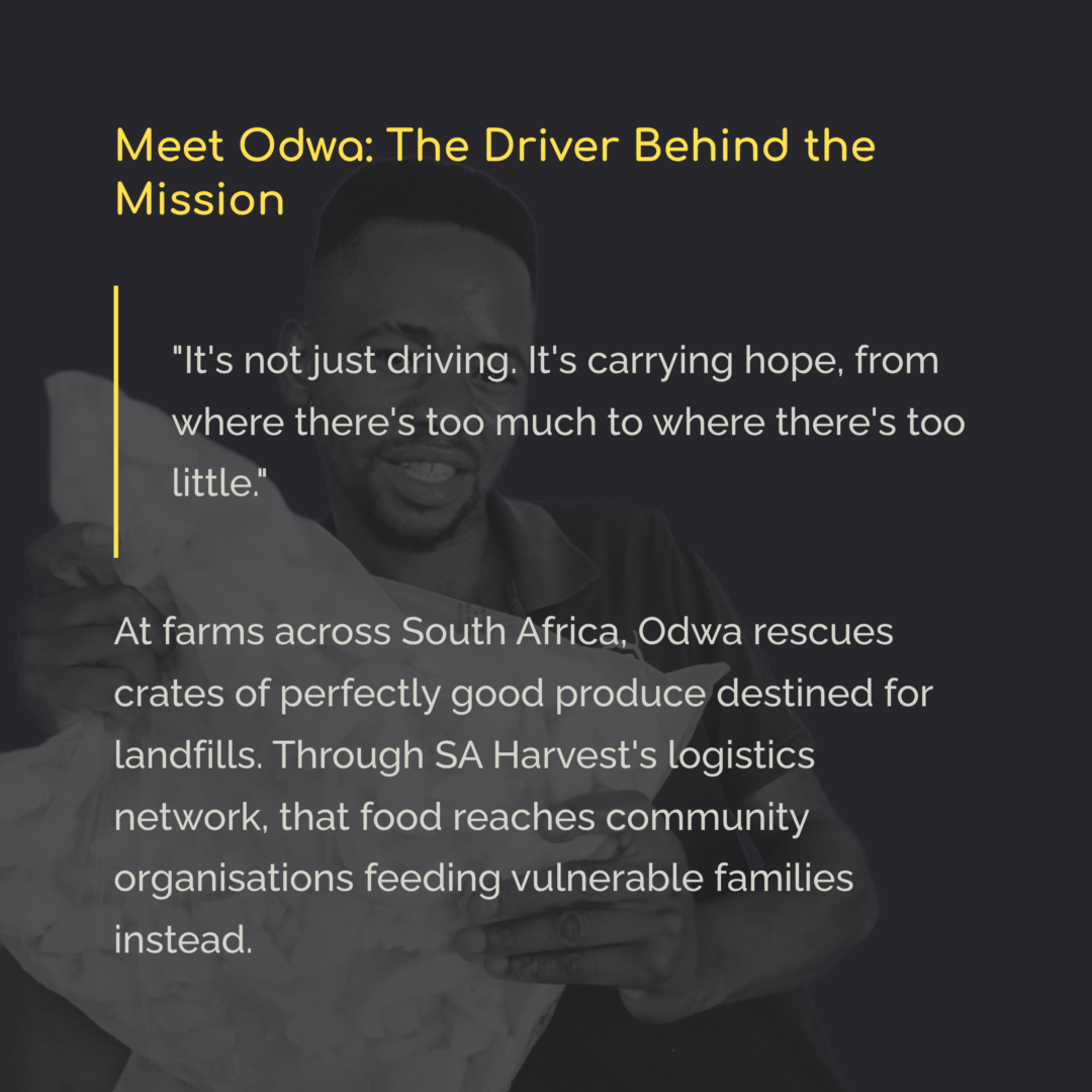 Portrait of Odwa, an SA Harvest driver, holding rescued produce. He travels across South Africa collecting surplus food from farms and ensuring it reaches communities in need instead of going to waste.
