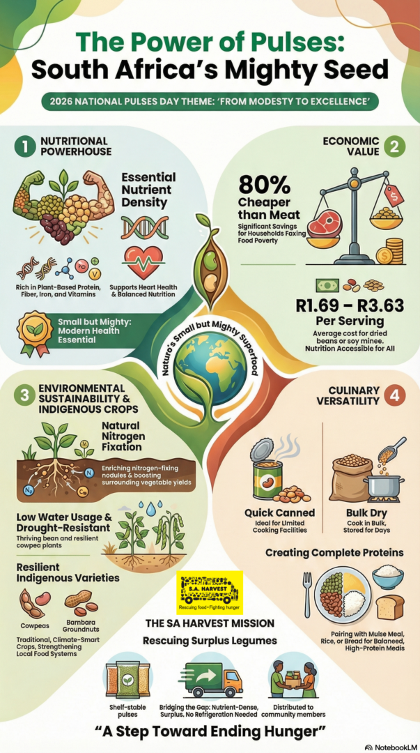 Why Pulses Matter
Pulses are more than just food — they are nature’s “small but mighty” solution:
Nutritional Powerhouses: Rich in plant‑based protein, fiber, iron, and essential vitamins. They support heart health and balanced nutrition.
Affordable: A serving of dried beans or soy mince costs between R1.69 and R3.63, up to 80% cheaper than meat.
Sustainable: Pulses fix nitrogen in the soil, reducing the need for synthetic fertilizers, and require less water than many other protein sources.
Ancient and Trusted: They have nourished communities globally for over 10,000 years.
Easy to Cook, Easy to Use
One of the greatest advantages of pulses is their simplicity in the kitchen:
Quick Options: Canned beans or chickpeas are ready to eat, perfect for households with limited cooking facilities.
Dry Pulses: Soaking and boiling beans or lentils may take time, but they can be cooked in bulk and stored for days.
Versatile Meals: Pulses can be added to stews, curries, salads, or even blended into spreads. They pair perfectly with maize meal, rice, or bread to create complete proteins.
Adaptable for Beneficiaries: Whether in home gardens or spaza shop purchases, pulses fit seamlessly into traditional South African diets.