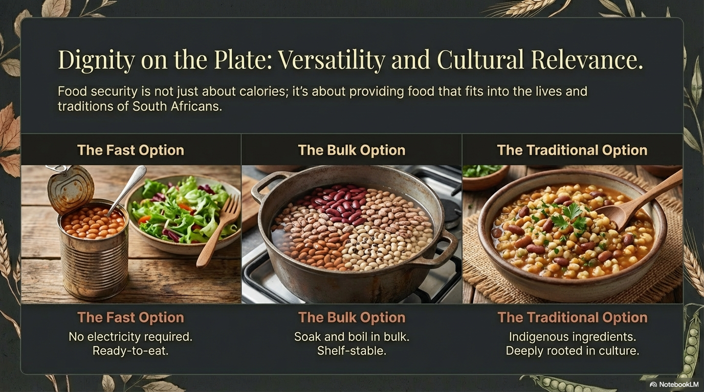 Quick Options: Canned beans or chickpeas are ready to eat, perfect for households with limited cooking facilities.
Dry Pulses: Soaking and boiling beans or lentils may take time, but they can be cooked in bulk and stored for days.
Versatile Meals: Pulses can be added to stews, curries, salads, or blended into spreads. They pair perfectly with maize meal, rice, or bread to create complete proteins.
Adaptable for Beneficiaries: Whether in home gardens or spaza shop purchases, pulses fit seamlessly into traditional South African diets.
