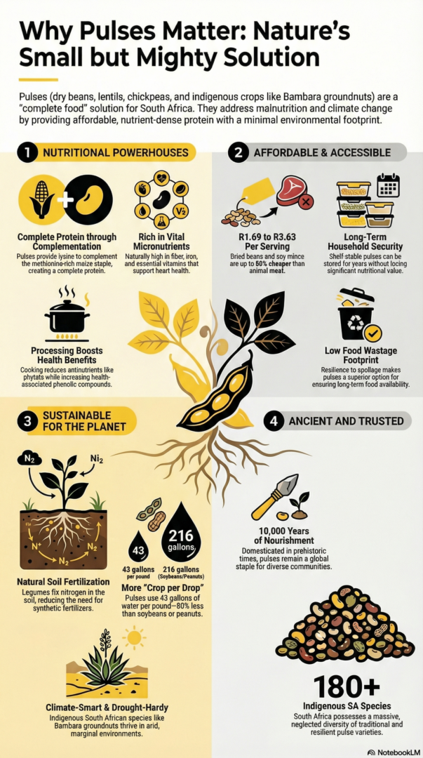 Why Pulses Matter
Pulses are more than just food — they are nature’s “small but mighty” solution:
Nutritional Powerhouses: Rich in plant‑based protein, fiber, iron, and essential vitamins. They support heart health and balanced nutrition.
Affordable: A serving of dried beans or soy mince costs between R1.69 and R3.63, up to 80% cheaper than meat.
Sustainable: Pulses fix nitrogen in the soil, reducing the need for synthetic fertilizers, and require less water than many other protein sources.
Ancient and Trusted: Pulses have nourished communities globally for over 10,000 years.

