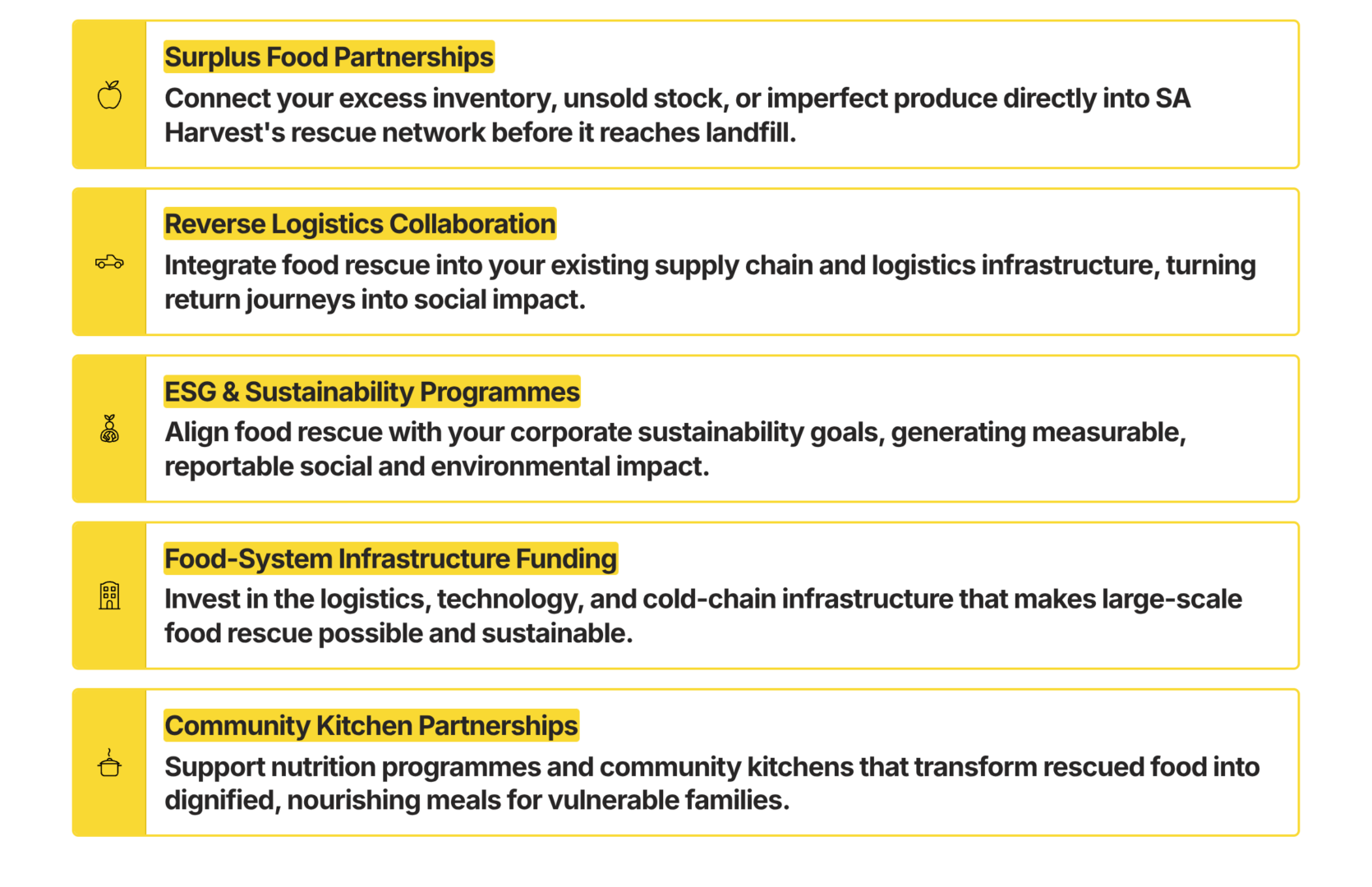 The Ask
If you or your organisation is part of South Africa’s food, logistics, retail, or supply chain ecosystem, there is a powerful opportunity to participate.
Companies are joining the SA Harvest ecosystem through:
Surplus food partnerships
Reverse logistics collaboration
ESG and sustainability programmes
Funding food‑system infrastructure
Community kitchen and nutrition partnerships
This is not simply charity. It is building the infrastructure that keeps South Africa nourished, resilient, and economically productive.
