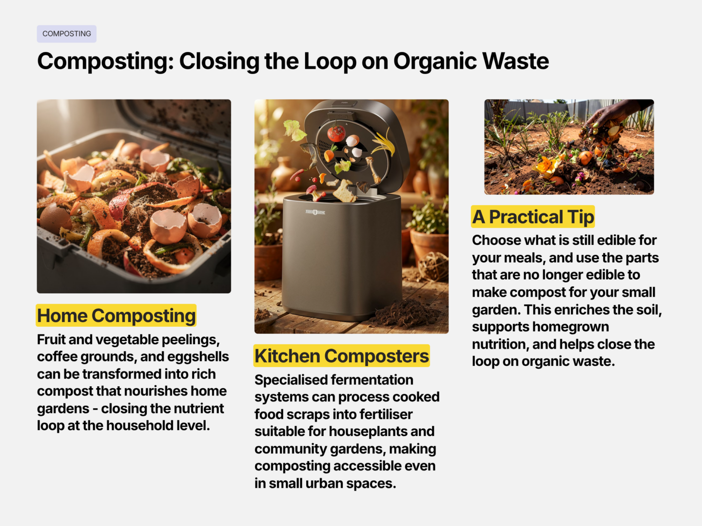 Composting: Closing the Loop on Organic Waste
Not all food can be rescued. For scraps and spoiled portions, composting is the answer. South Africa’s National Waste Management Strategy promotes diverting organic waste from landfills through composting.
Home composting: Fruit and vegetable peelings enrich soil for gardens.
Kitchen composters: Cooked scraps can be fermented into fertilizer for houseplants.
Safe practice: choose food that is still edible for meals, and use the parts that are no longer edible for compost. This keeps nutrients in circulation, supports homegrown nutrition, and closes the loop on organic waste.
