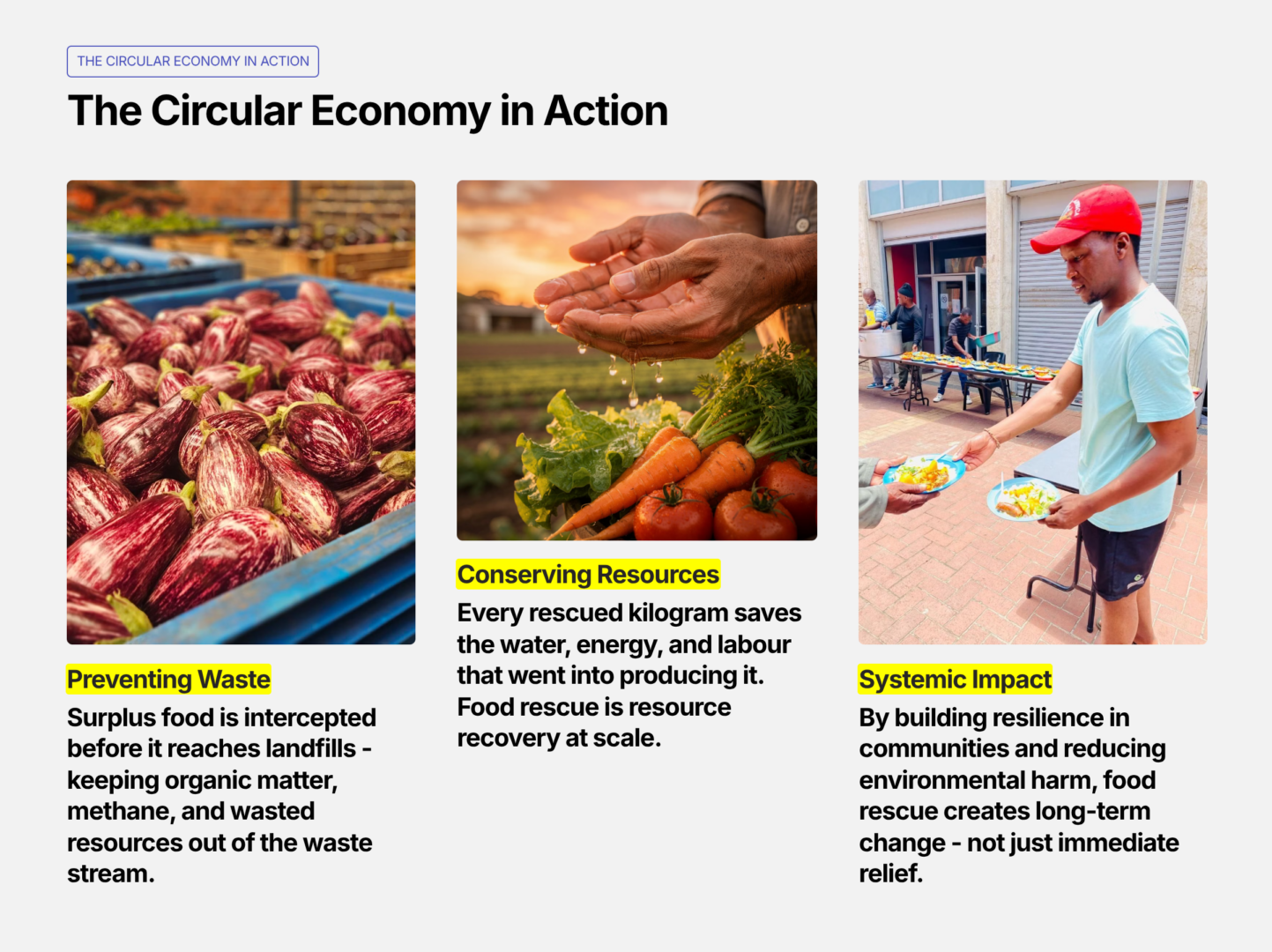 he Circular Economy in Action
Food rescue is recycling at its best because it keeps resources in use, reduces emissions, and delivers nutrition where it is needed. It is a practical example of the circular economy:
Preventing waste before it reaches landfills
Conserving resources like water, energy, and labour
Creating systemic impact by building resilience in communities
On 18 March 2026, Global Recycling Day reminds us that recycling is not only about paper, glass, and plastic. Food rescue is climate action — a regenerative practice that ensures every act of rescuing and repurposing food brings us closer to a sustainable future.
