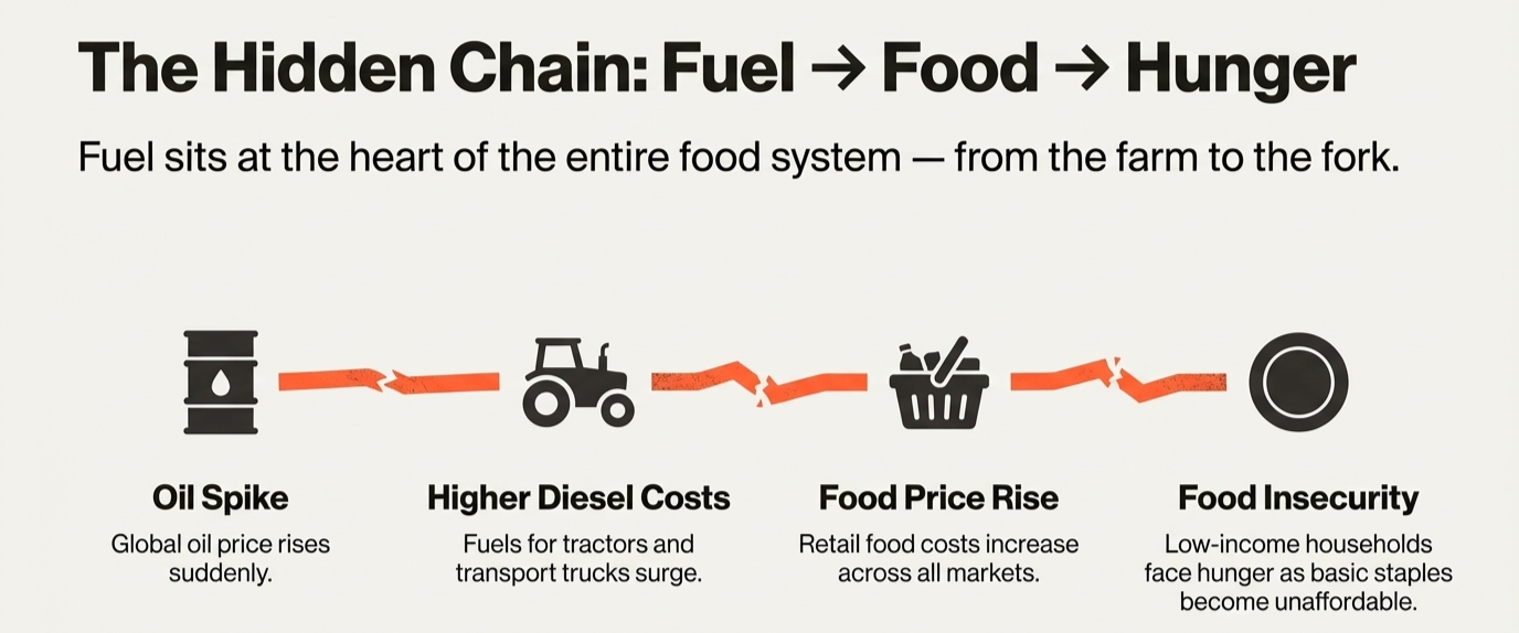 Fuel is not just about transport. It sits at the heart of the entire food system. Diesel powers tractors, irrigation pumps, and trucks that move food from farms to distribution centres and supermarkets.
In South Africa, around 80% of food moves by road freight. So when fuel prices rise, food prices follow fast. For businesses this means thinner margins. For low‑income households it means impossible choices.
Transport to work is non‑negotiable. Electricity is non‑negotiable. Food becomes the only flexible cost. Meals become smaller. Protein disappears from the plate. Parents skip meals so children can eat.
