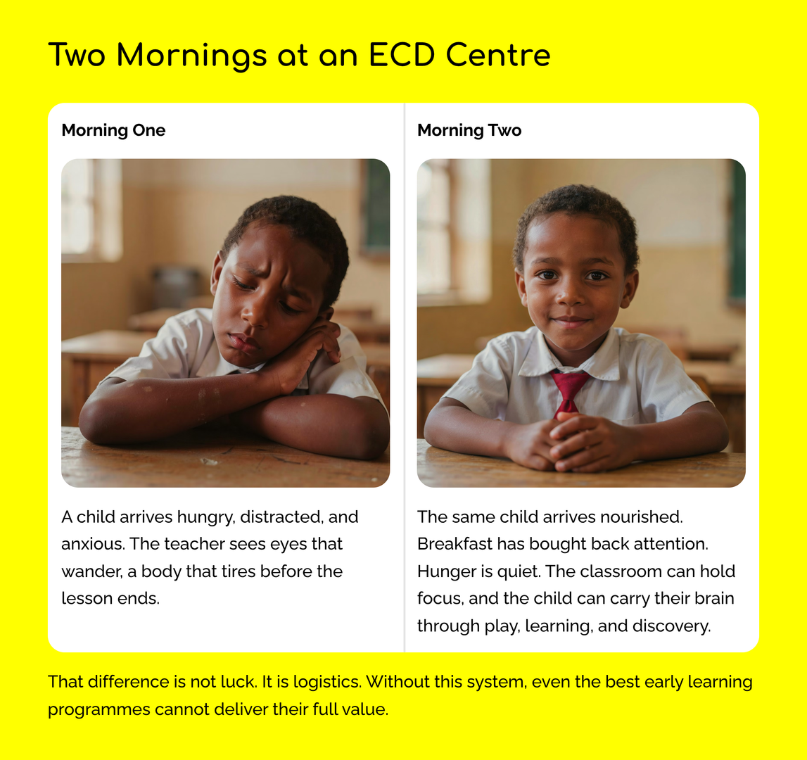 Think of the difference between two mornings at an ECD centre:
On one morning, a child arrives hungry, distracted, and anxious. The teacher sees eyes that wander, a body that tires before the lesson ends.
On another morning, the same child arrives nourished. Breakfast has bought back attention. Hunger is quiet. The classroom can hold focus, and the child can carry their brain through play, learning, and discovery.
