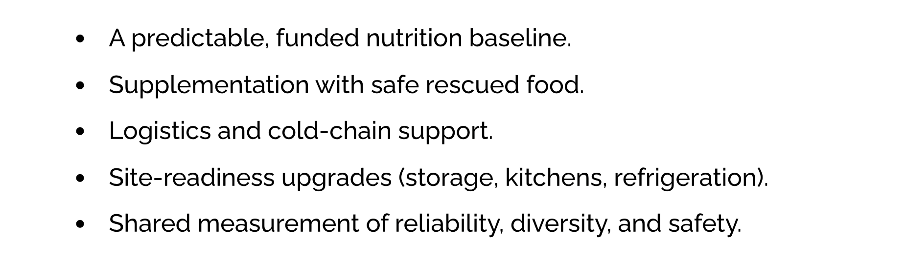 A predictable, funded nutrition baseline.
Supplementation with safe rescued food.
Logistics and cold‑chain support.
Site‑readiness upgrades (storage, kitchens, refrigeration).
Shared measurement of reliability, diversity, and safety.

