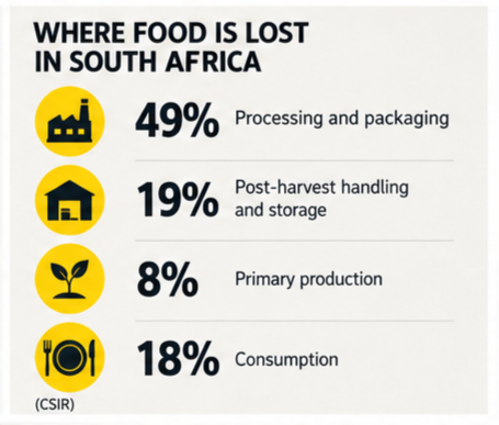 The numbers give the subject weight. CSIR's national estimate puts South Africa's annual food loss and waste at 10.3 million tonnes of edible food, equivalent to 34.3% of local production. Its research places 82% of that loss before the consumption stage. Processing and packaging account for 49%, post-harvest handling and storage for 19%, and primary production for 8%.  Those percentages are useful, but the operating questions behind them are more interesting.