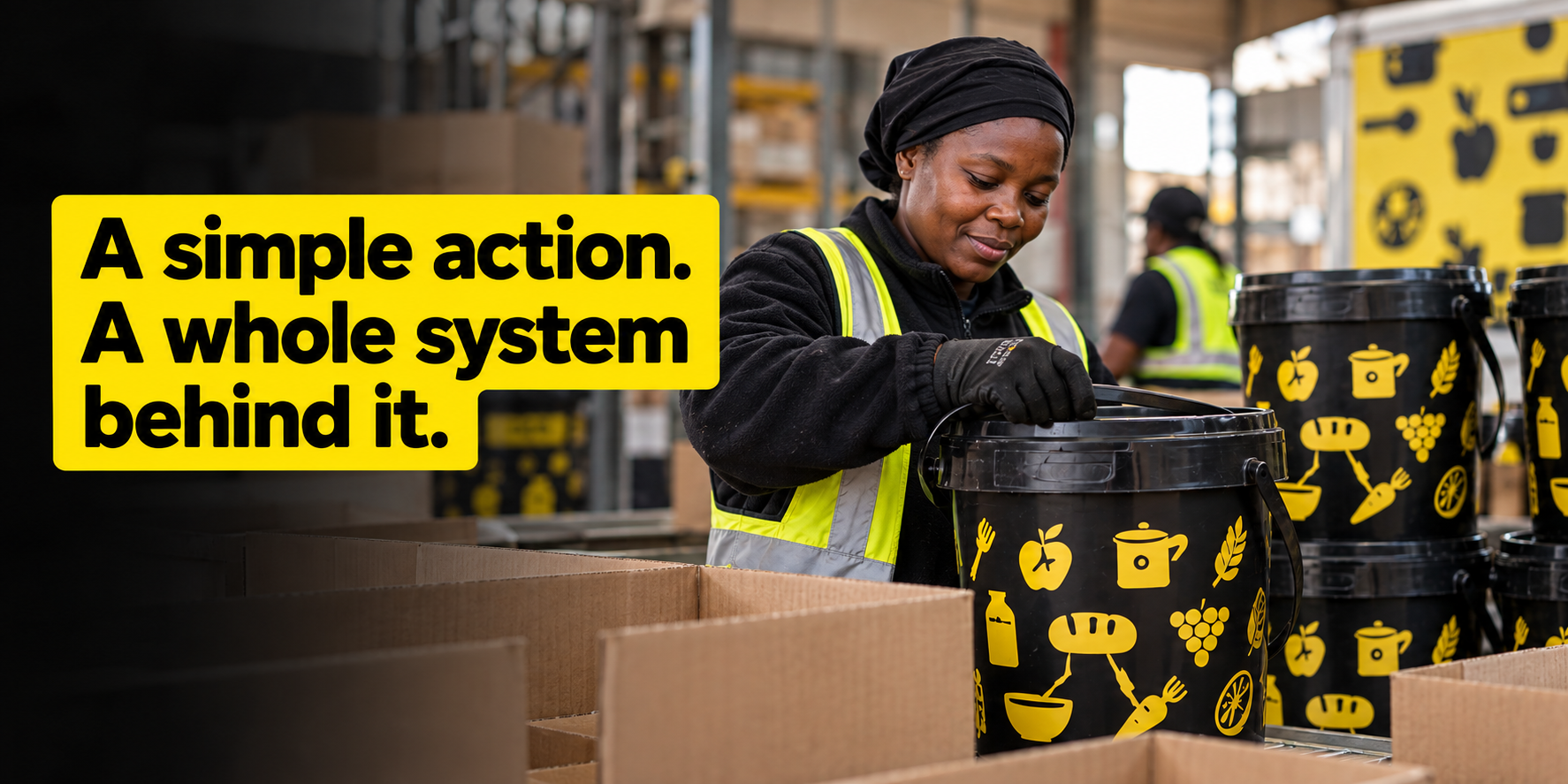 A simple action. A whole system behind it. An SA Harvest representative packs a black-and-yellow food bucket.

