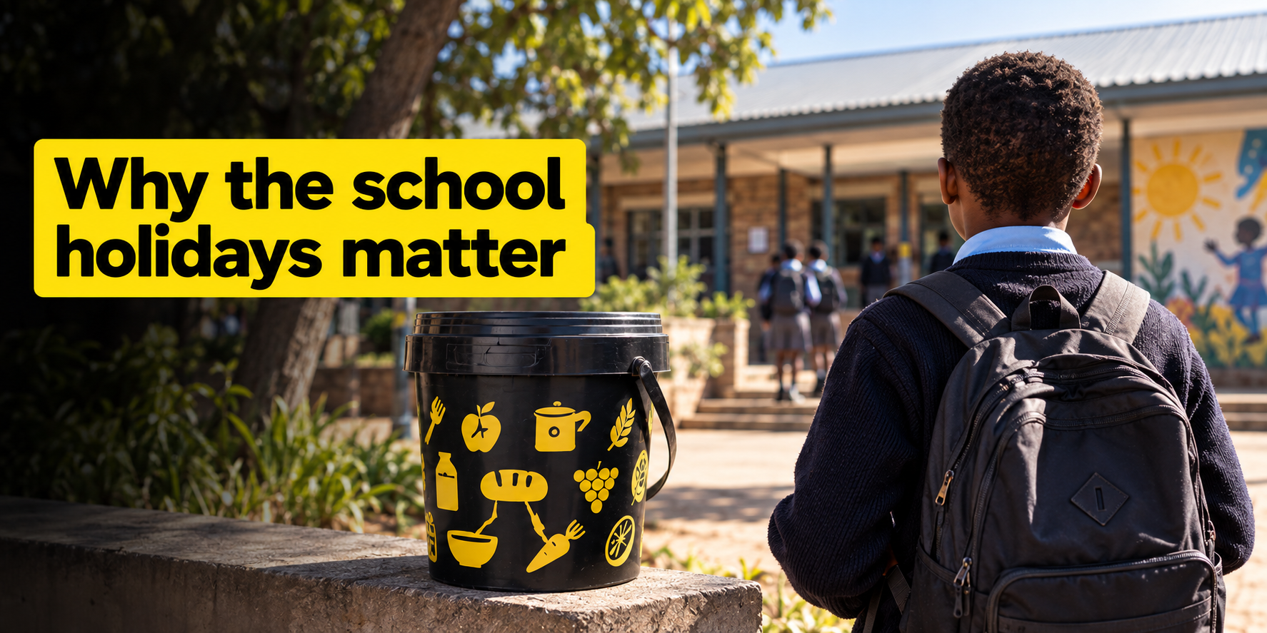A learner with a backpack approaches a school beside a black-and-yellow SA Harvest food bucket. Text reads: “Why the school holidays matter.” - School holidays can interrupt children’s regular access to food. By planning early, SA Harvest can source, pack and distribute food before the holiday gap begins.