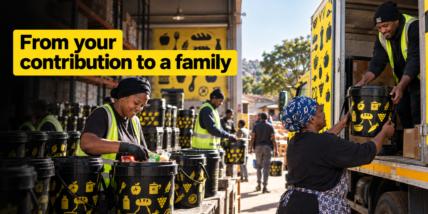 SA Harvest representatives pack black-and-yellow food buckets and load them onto a delivery truck. Text reads: “From your contribution to a family. Every contribution moves through a coordinated system of sourcing, packing, storage, transport, community partnerships and reporting before reaching a family.