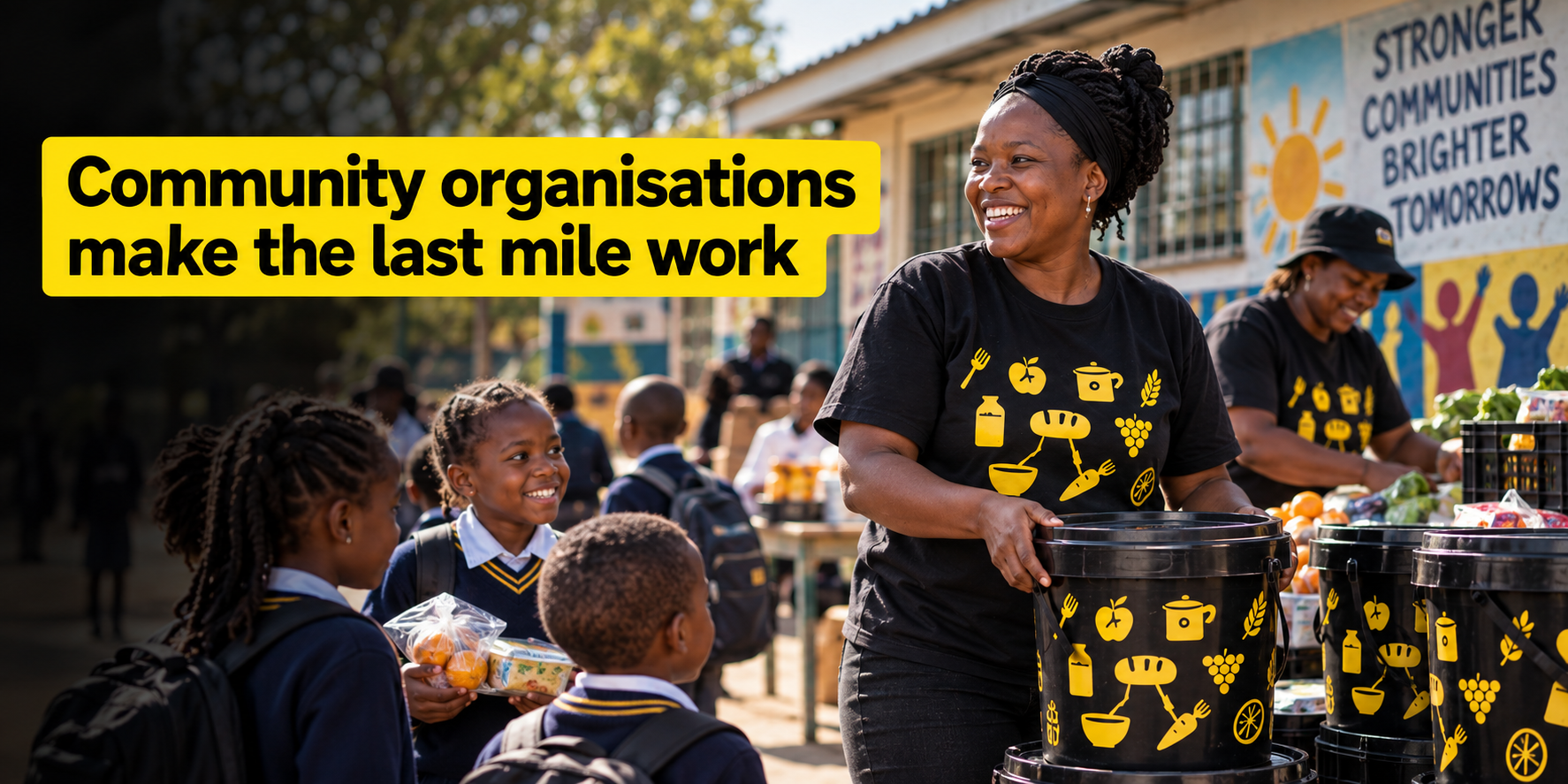 A community organisation representative prepares black-and-yellow SA Harvest food buckets for schoolchildren. Text reads: “Community organisations make the last mile work.”

- Trusted community organisations provide the local knowledge and established networks that help SA Harvest distribute food responsibly to households.