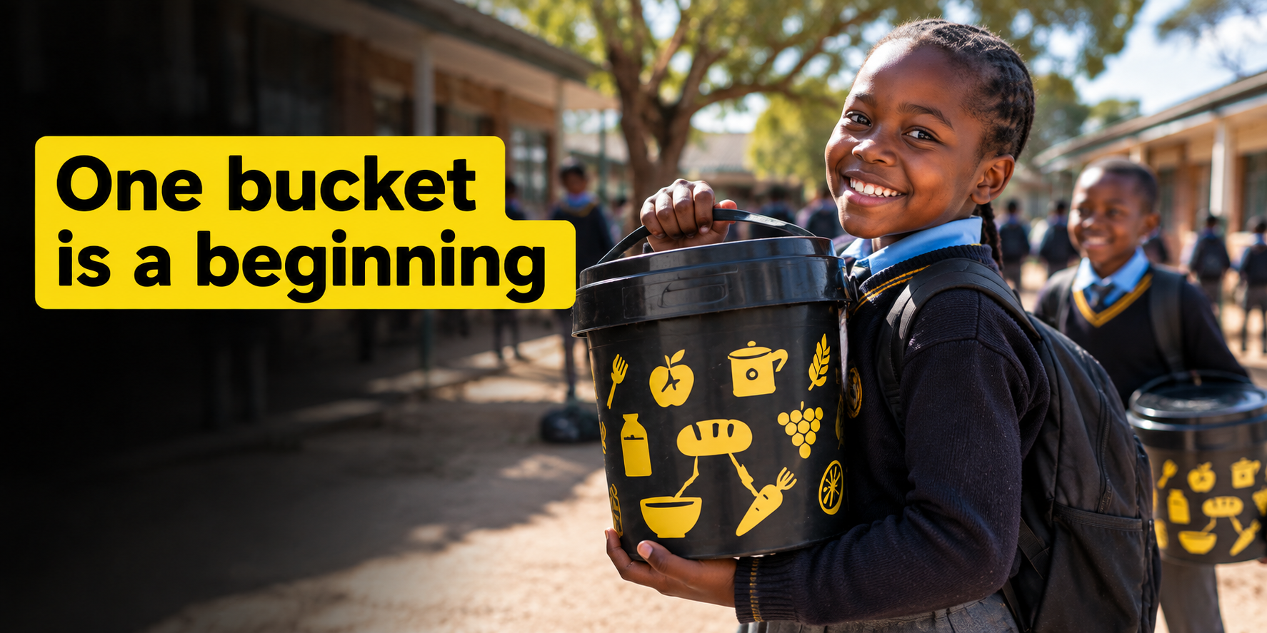 A smiling learner holds a black-and-yellow SA Harvest food bucket at school. Text reads: “One bucket is a beginning.”

One contribution can begin something bigger. Fund a bucket, contribute towards one or share the campaign to help SA Harvest prepare before the school holidays.