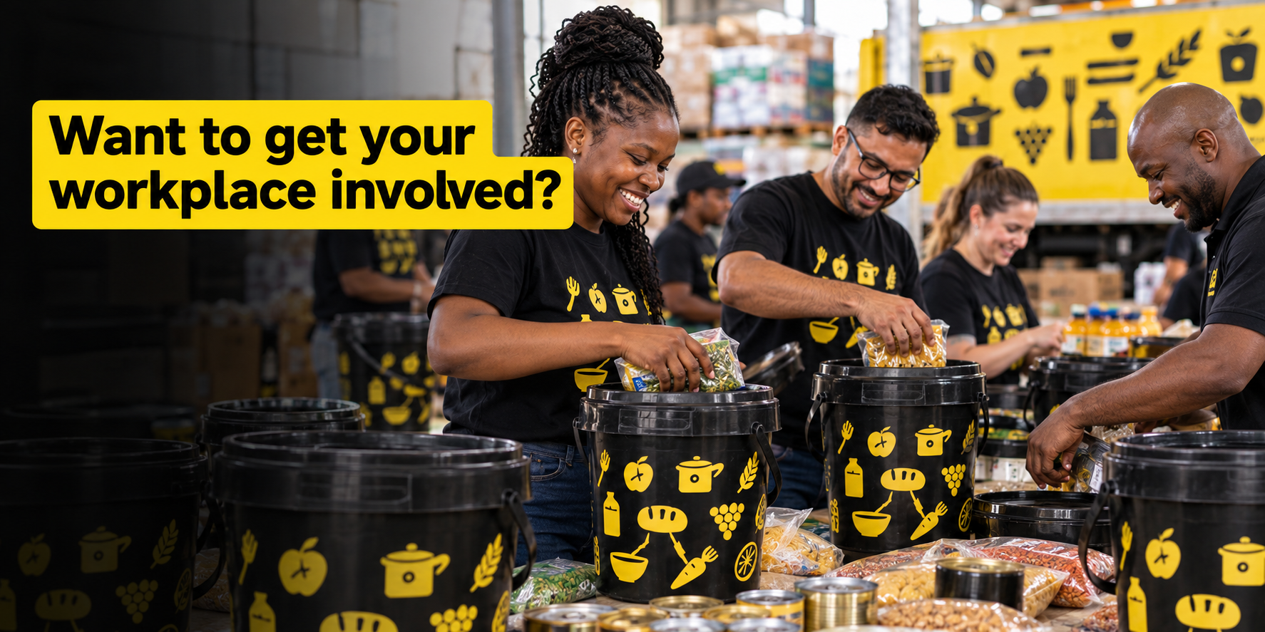 Workplace volunteers pack food into black-and-yellow SA Harvest buckets. Text reads: “Want to get your workplace involved?”

Companies can strengthen the campaign through employee giving, product support, matched giving and campaign amplification. Contact buckets@saharvest.org to discuss workplace participation.