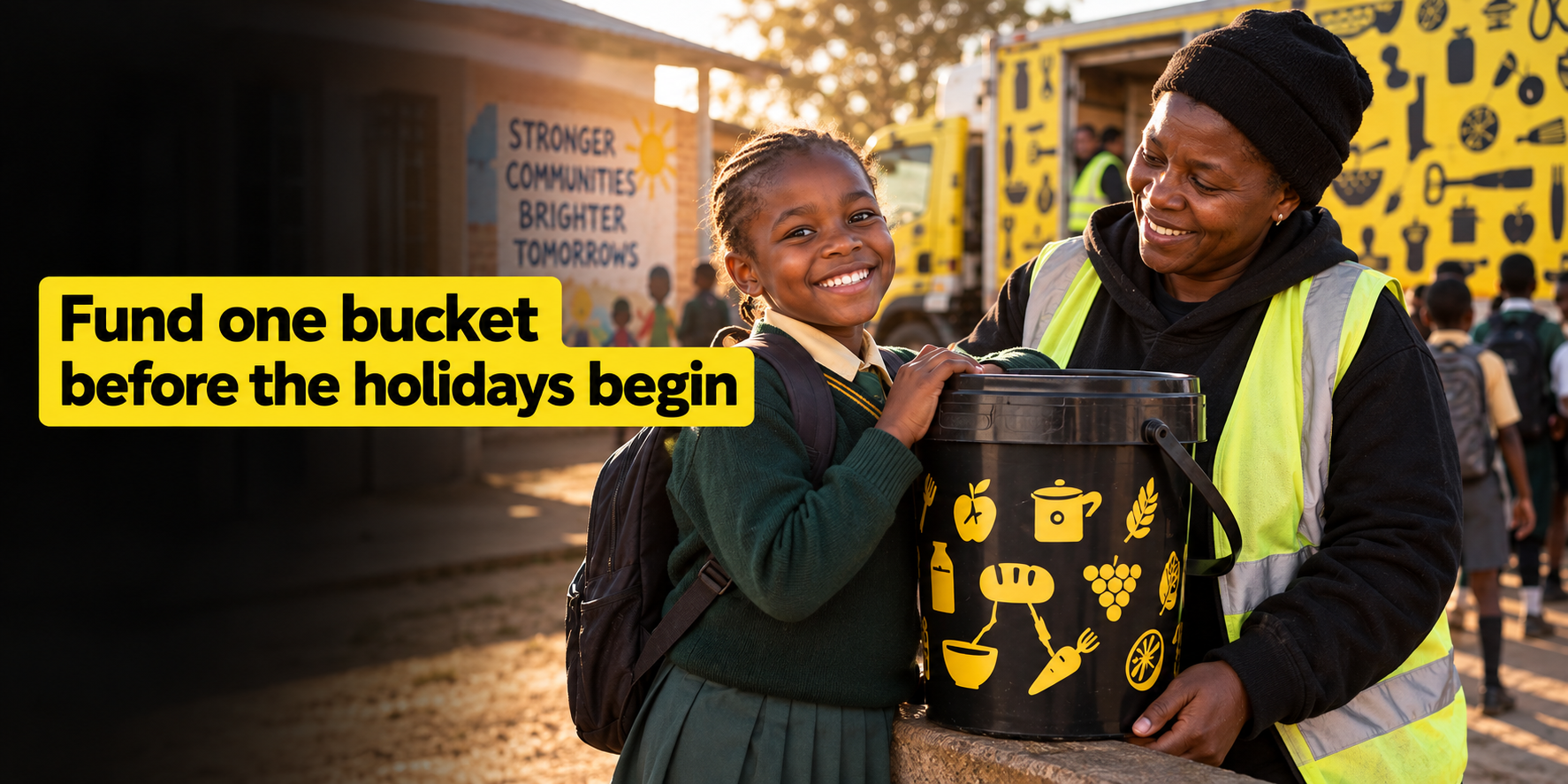 A smiling learner and SA Harvest representative stand beside a black-and-yellow food bucket. Text reads: “Fund one bucket before the holidays begin.”

 R750 can fund one School Holiday Bucket designed to support four people for four weeks. Help SA Harvest prepare before the holidays begin.