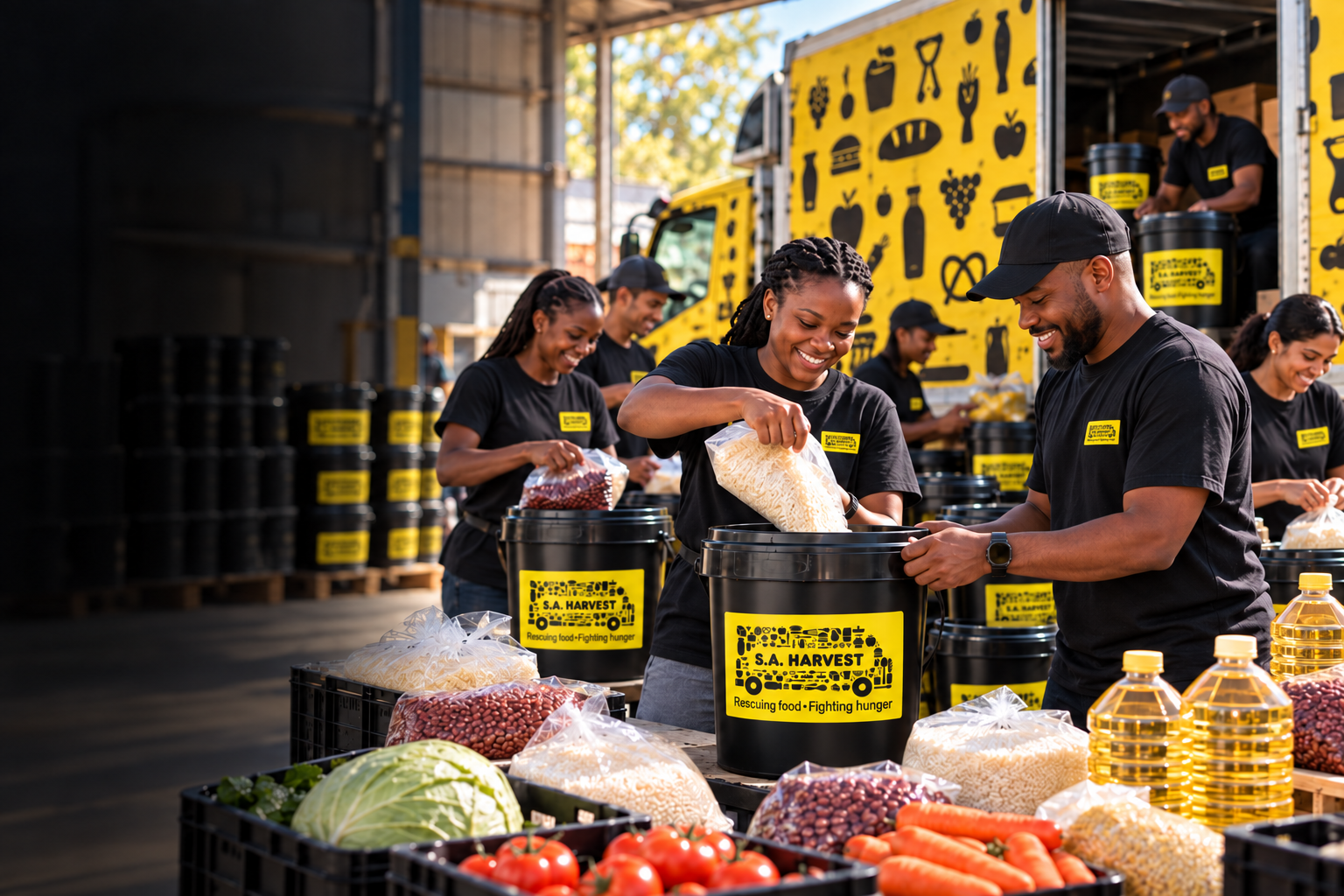 SA Harvest staff and volunteers packing food into branded School Holiday Buckets.