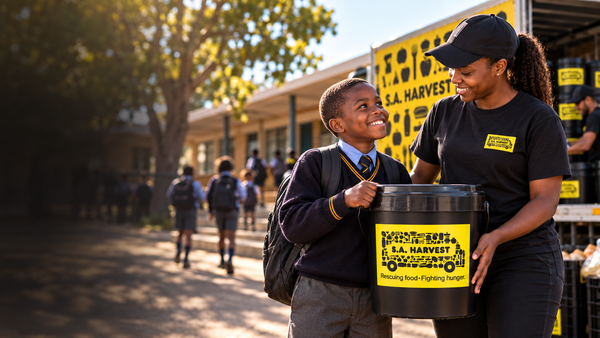 SA Harvest representative and schoolchild holding a branded School Holiday Bucket outside a South African school.