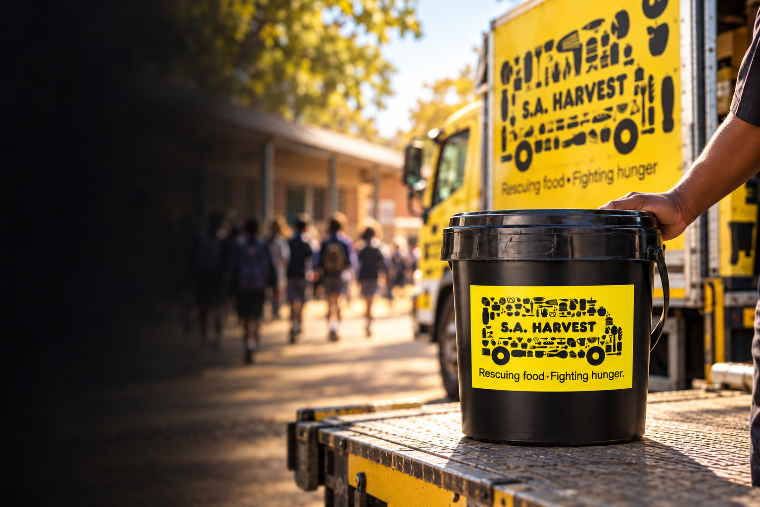 Completed black SA Harvest School Holiday Bucket ready for distribution beside a school and SA Harvest truck.