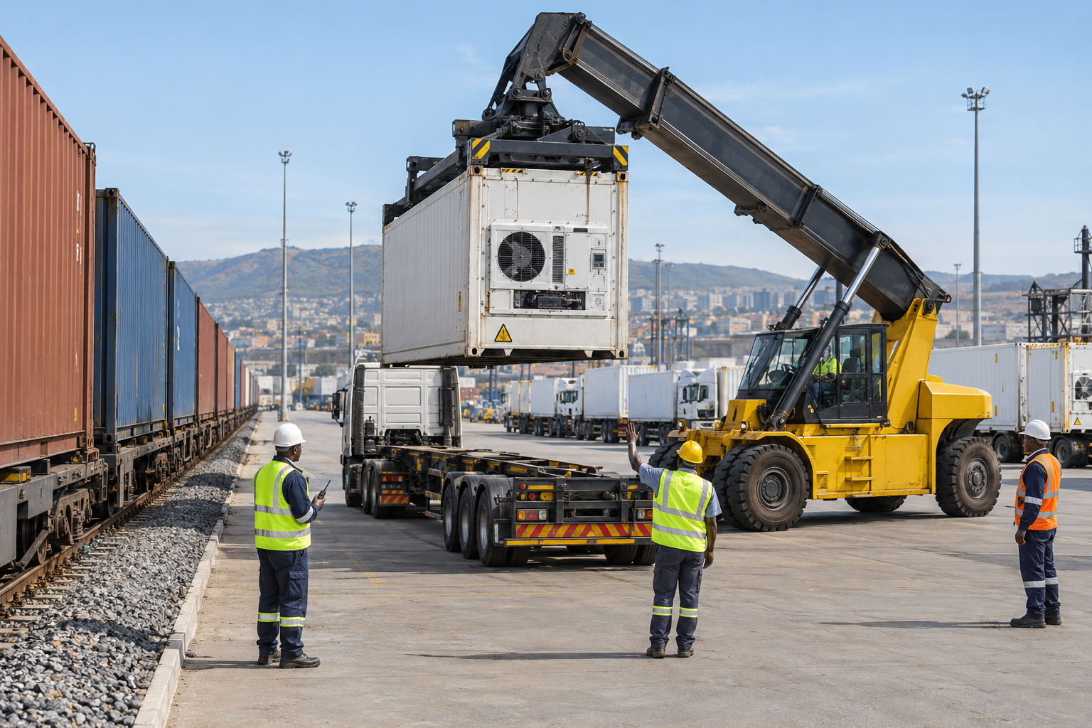 Workers coordinate the transfer of a refrigerated container between rail and road at an intermodal terminal.