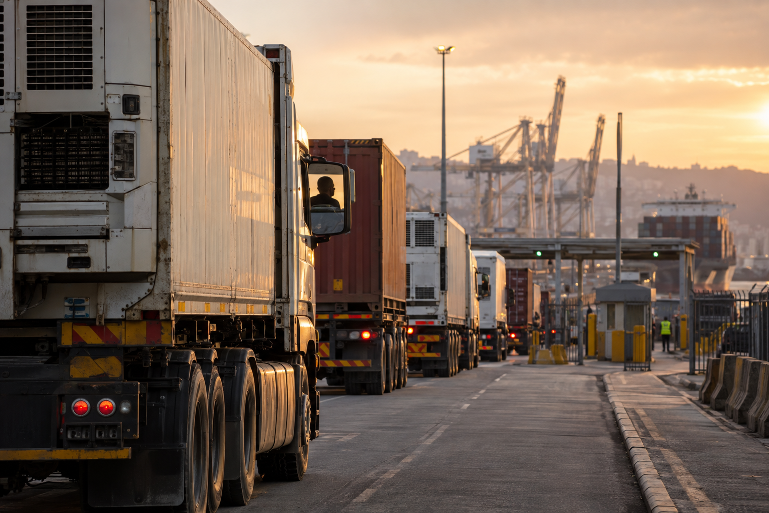 Refrigerated trucks waiting in a queue outside a busy port terminal at sunset.