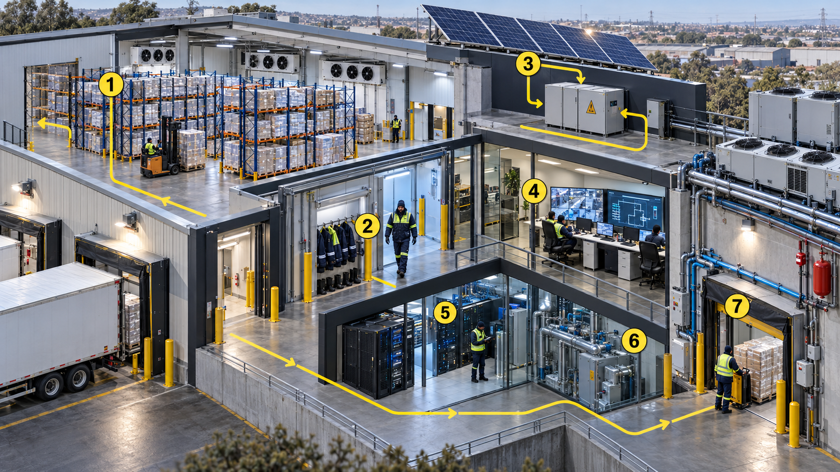 A visual representation of seven connected decisions that shape an adaptable cold-chain operation, from infrastructure and worker comfort to energy, technology and coordinated engineering.